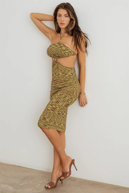 Abstract Ribbed O-Ring Halter Neck Cut-Out Midi Dress