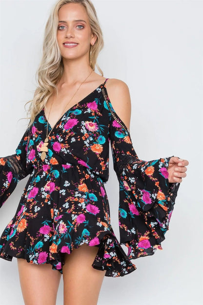 Black Floral Bell Sleeve Surplice Neck Romper /1-3-2-1