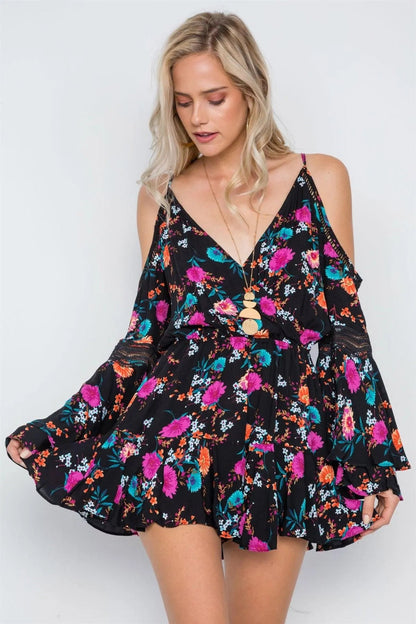 Black Floral Bell Sleeve Surplice Neck Romper /1-3-2-1