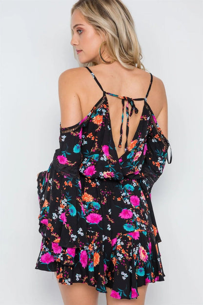 Black Floral Bell Sleeve Surplice Neck Romper /1-3-2-1