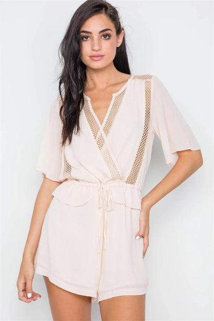 Beige Surplice Net Neckline Short Sleeve Romper /1-2-2-1