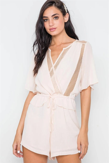 Beige Surplice Net Neckline Short Sleeve Romper /1-3-2-1
