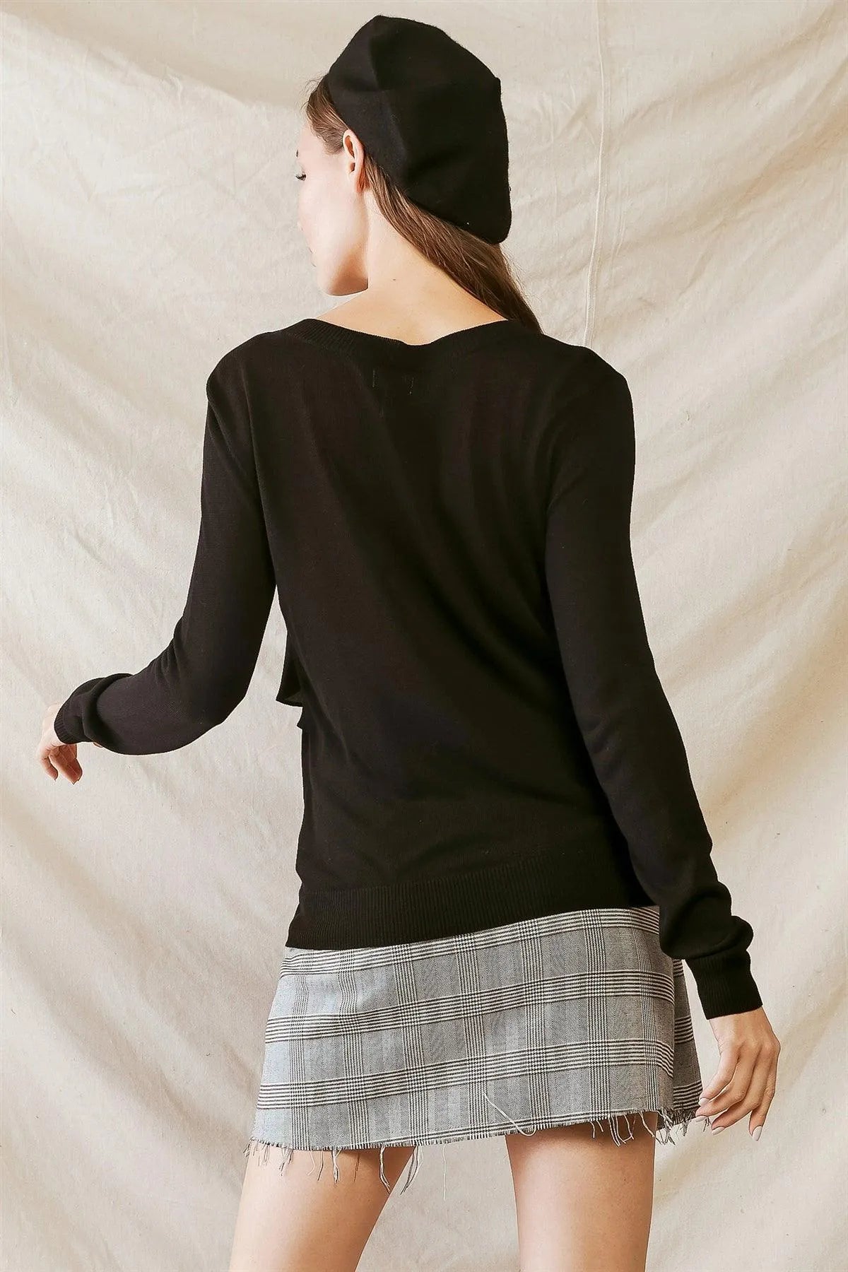 Black Front Flare Detail Long Sleeve Top /3-2-1