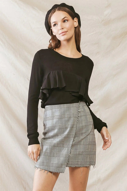 Black Front Flare Detail Long Sleeve Top /3-2-1