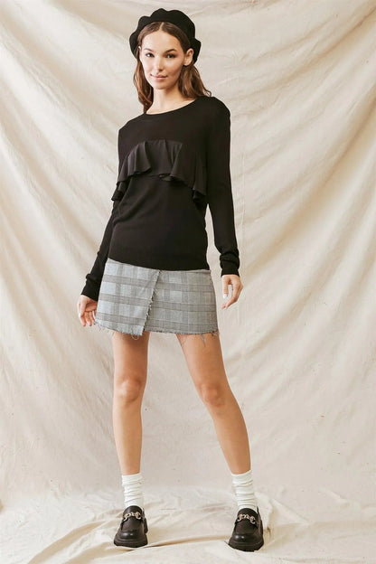 Black Front Flare Detail Long Sleeve Top /3-2-1