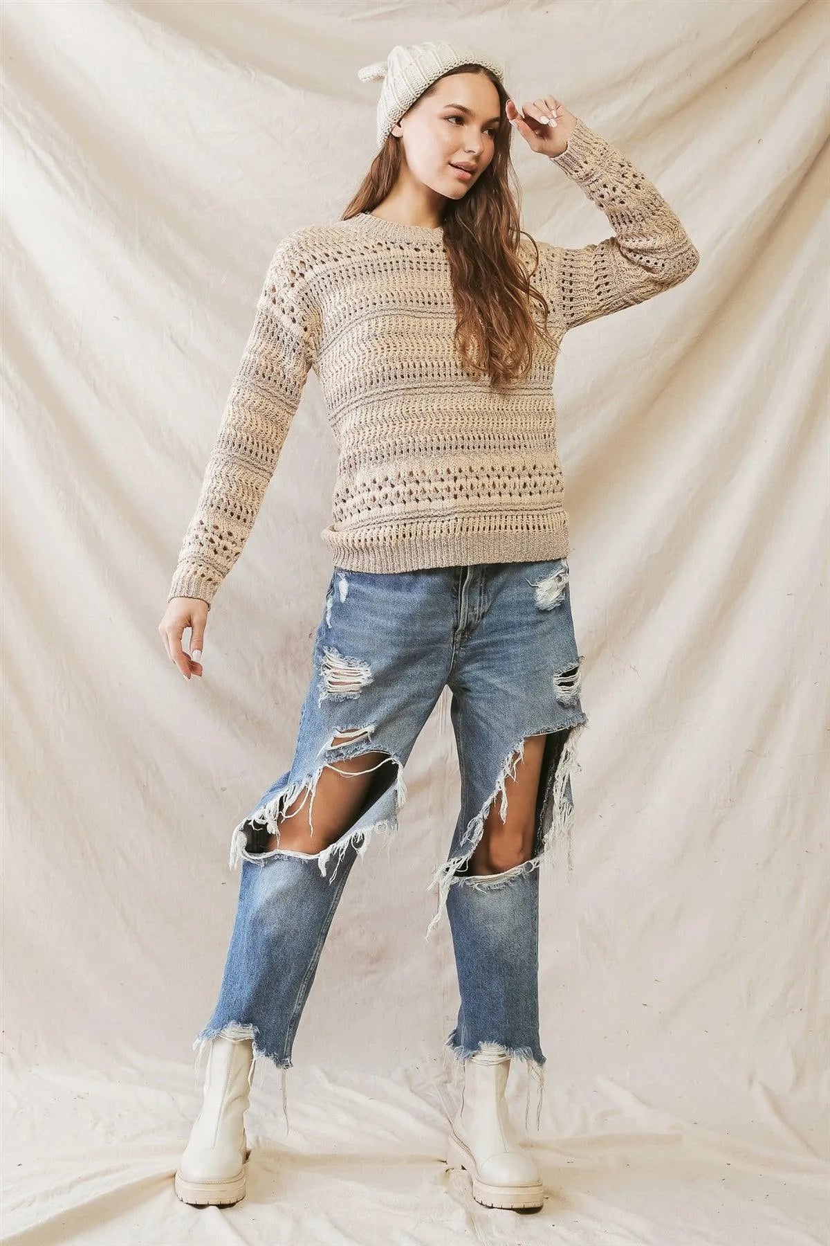 Beige Knit Crew Neck Long Sleeve Sweater /3-2-1