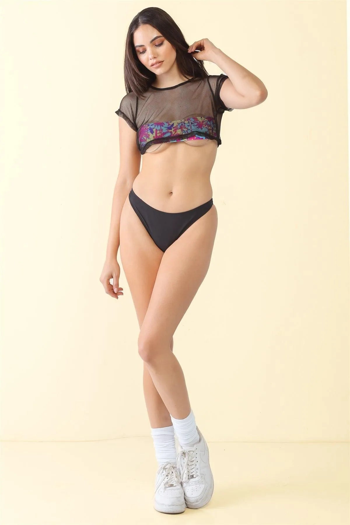 Black & Multi Beach Print Sheer Mesh Short Sleeve Crop Top