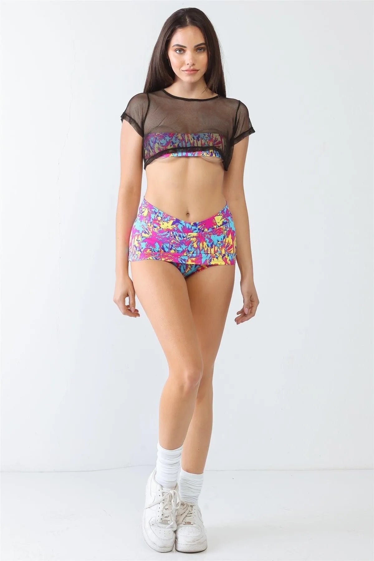 Black & Multi Beach Print Sheer Mesh Short Sleeve Crop Top & High Waist Skort Set