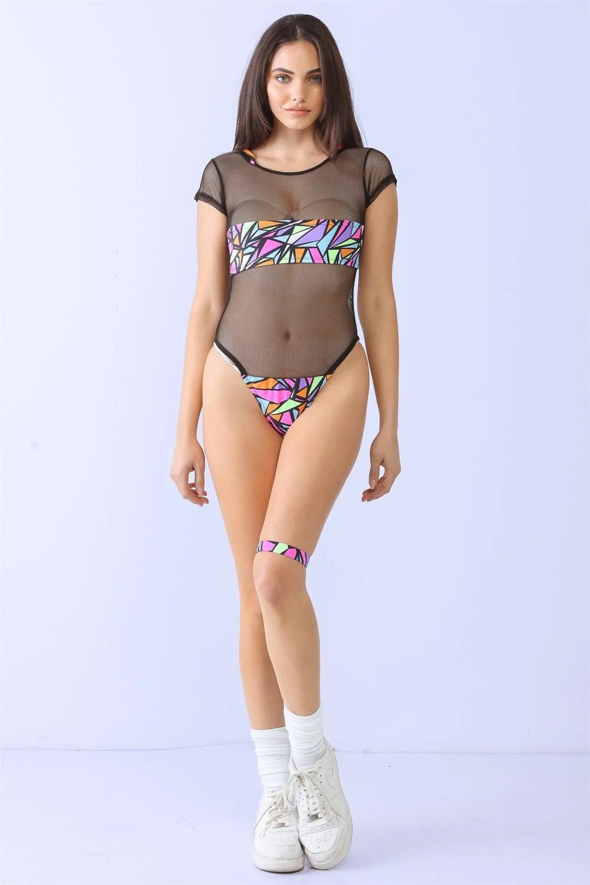 Black & Geo Print Sheer Mesh Hooded Neck Detail Short Sleeve Swimsuit