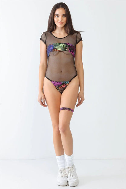 Black & Palm Leaves Print Sheer Mesh Hooded Short Sleeve Swimsuit