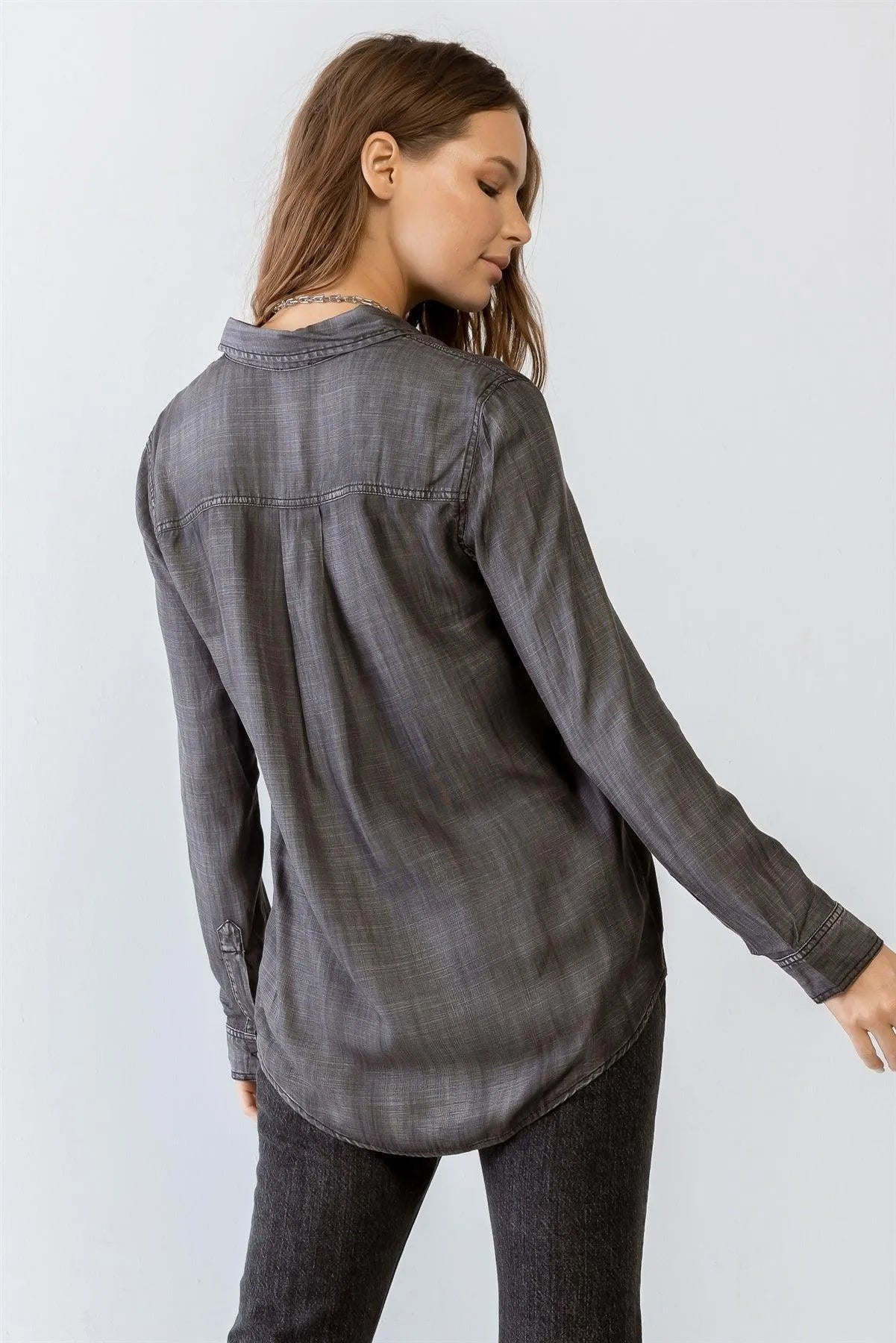 Black Button-Up Collared Neck Two Pocket Shirt Top /1-2-2-1