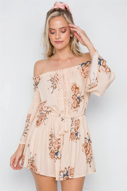 Beige Floral Print Off-The-Shoulder Boho Romper /1-3-2-1