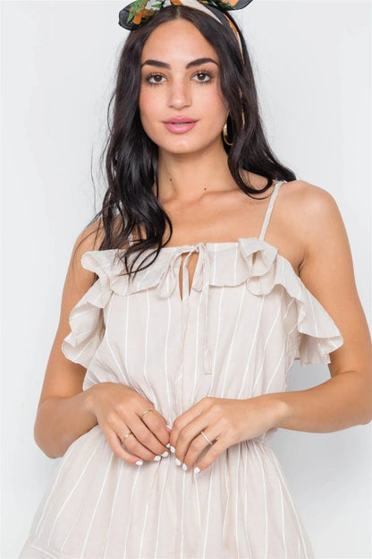 Beige Stripe Cami Flounce Boho Romper /1-3-2-1