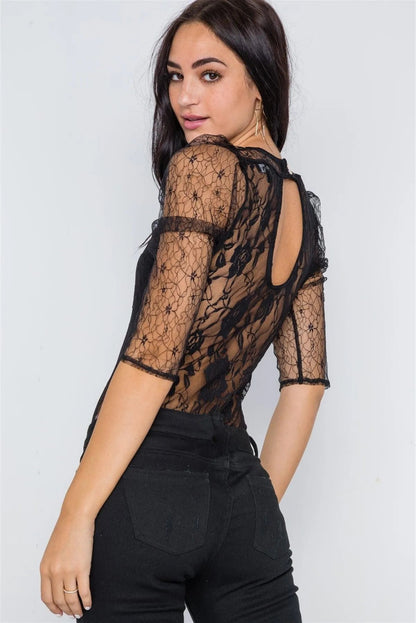 Black Floral Lace Combo Sheer Evening Bodysuit /2-2-2