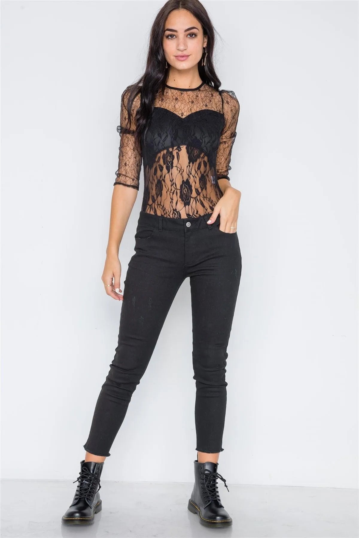 Black Floral Lace Combo Sheer Evening Bodysuit /2-2-2