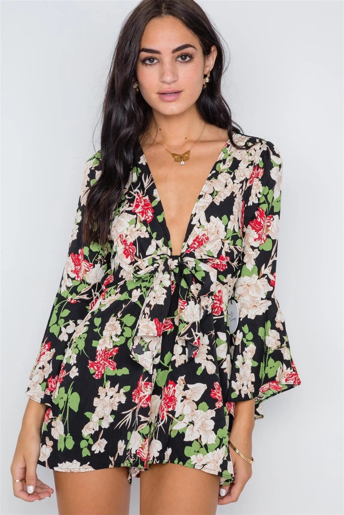 Black Floral Plunging Tie-Front Bell Sleeve Romper /2-2-2