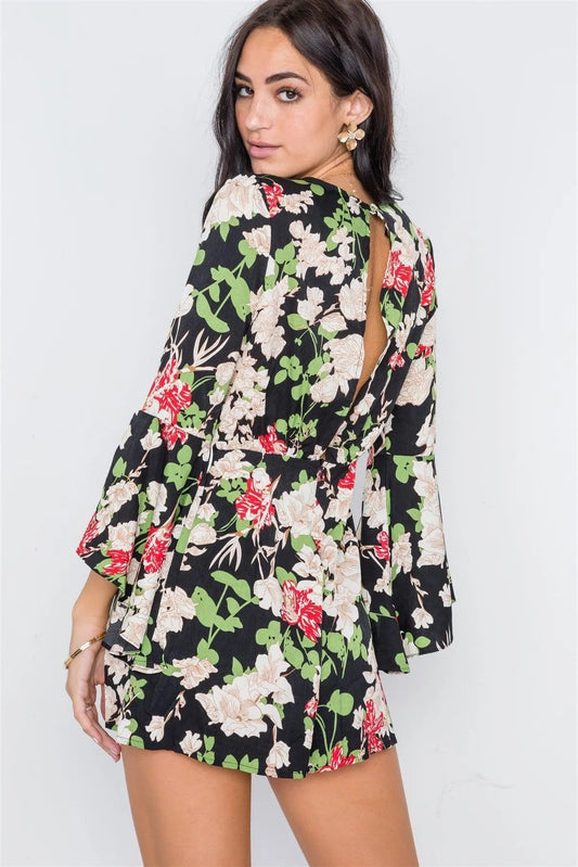 Black Floral Plunging Tie-Front Bell Sleeve Romper /2-2-2