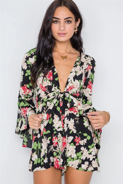 Black Floral Plunging Tie-Front Bell Sleeve Romper /2-2-2
