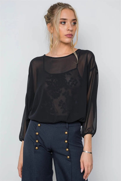 Black Combo Lace Chiffon Batwing Bodysuit /2-2-2