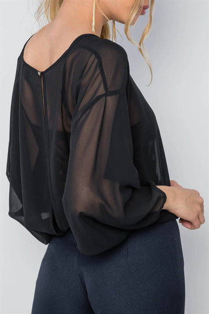 Black Combo Lace Chiffon Batwing Bodysuit /2-2-2