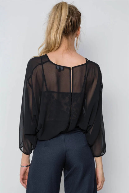 Black Combo Lace Chiffon Batwing Bodysuit /2-2-2