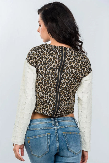 Animal Leopard Print Contrast Sleeve Top /3-1-2