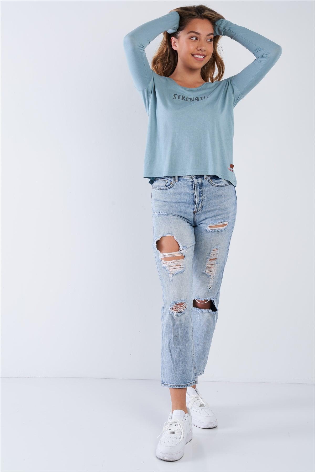 Arona Blue Long Sleeve V-Neck "Strength" Top