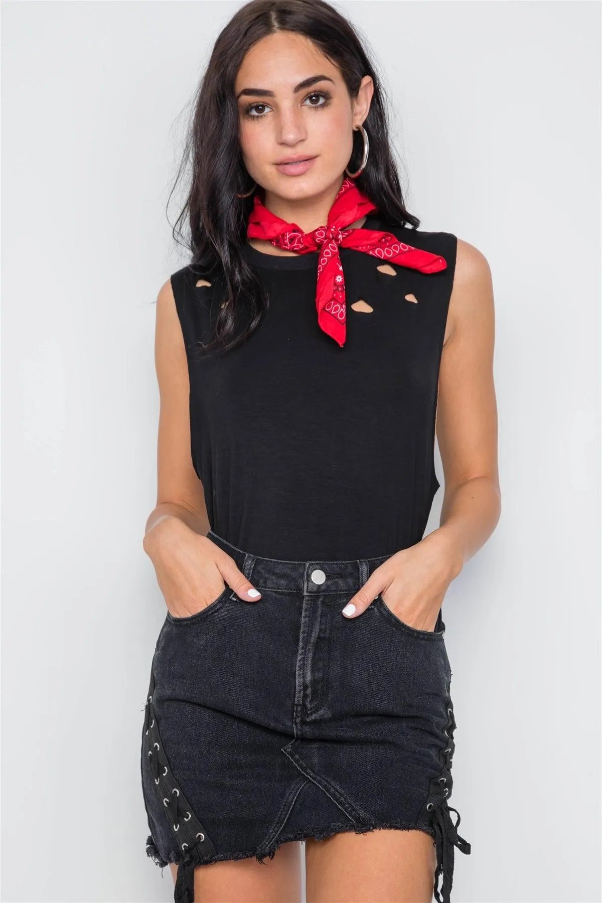 Black Distressed Sleeveless Solid Knit Bodysuit /3-2-1