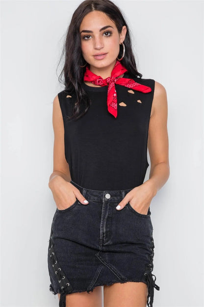 Black Distressed Sleeveless Solid Knit Bodysuit /3-2-1