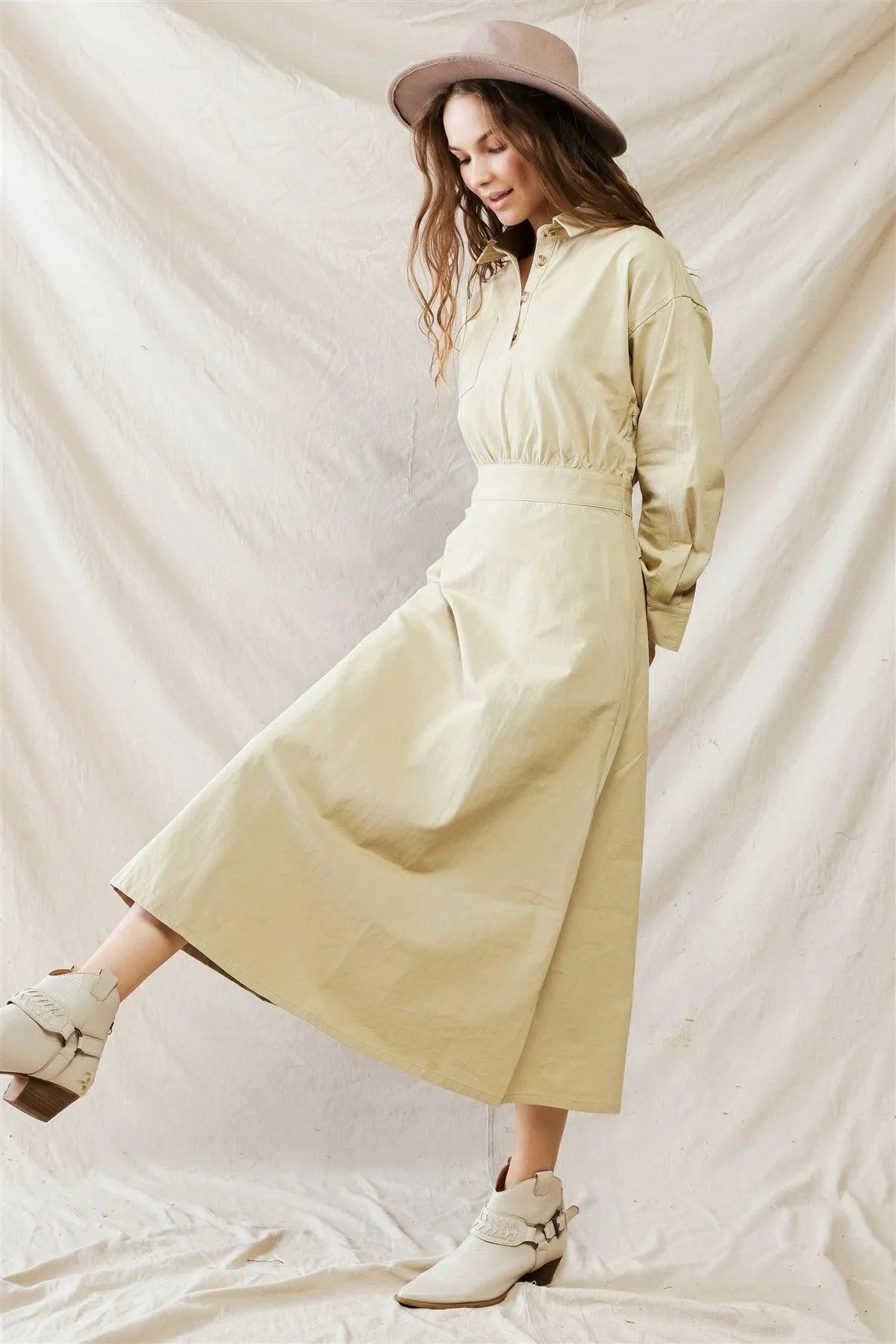 Beige Cotton Material Button-Up Collared Neck Maxi Dress /1-2-2-1