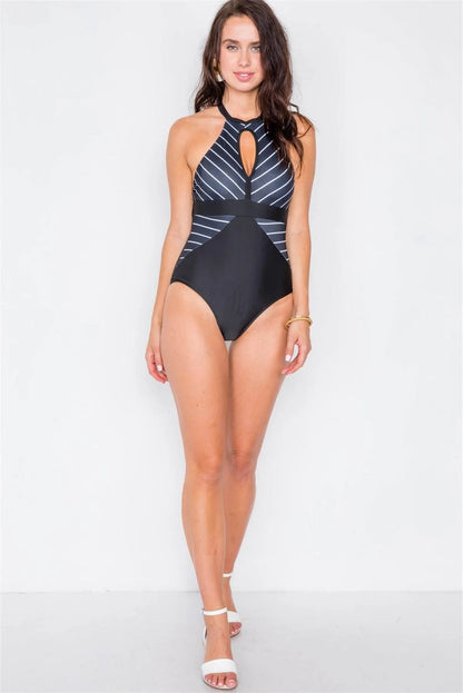 Black & White Halter Back Cut Out One Piece Bikini  /1-1-1-1