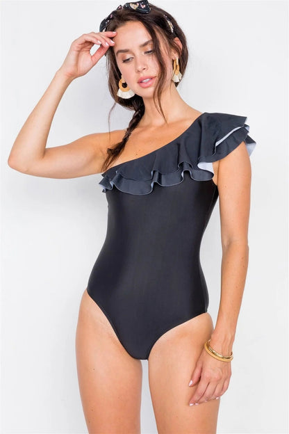 Black Asymmetrical Flounce One Piece Bikini  /1-1-1-1