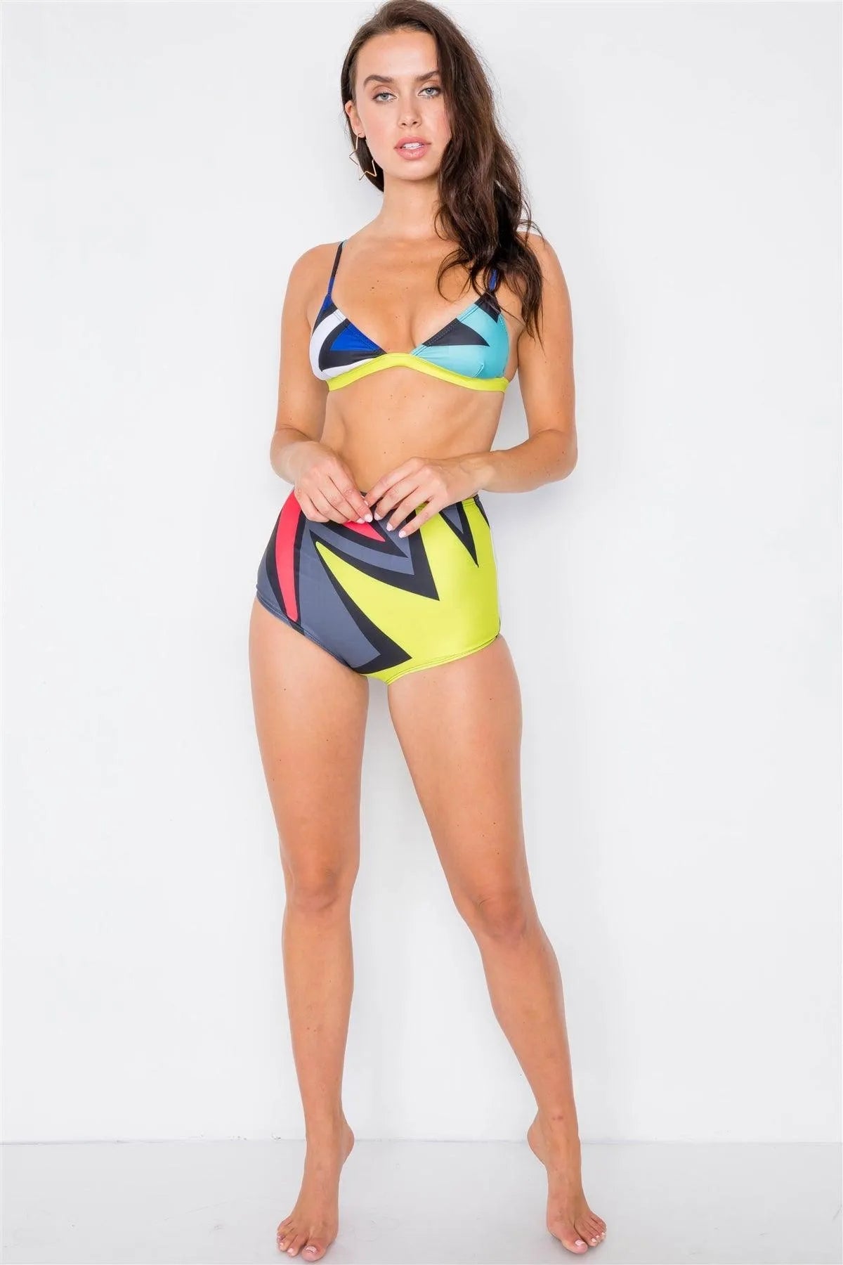 Black Color Block High-Waisted Two Piece Bikini Set /1-1-1-1