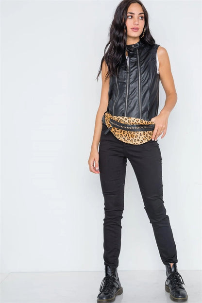 Black Faux Leather Triple Zip Moto Vest