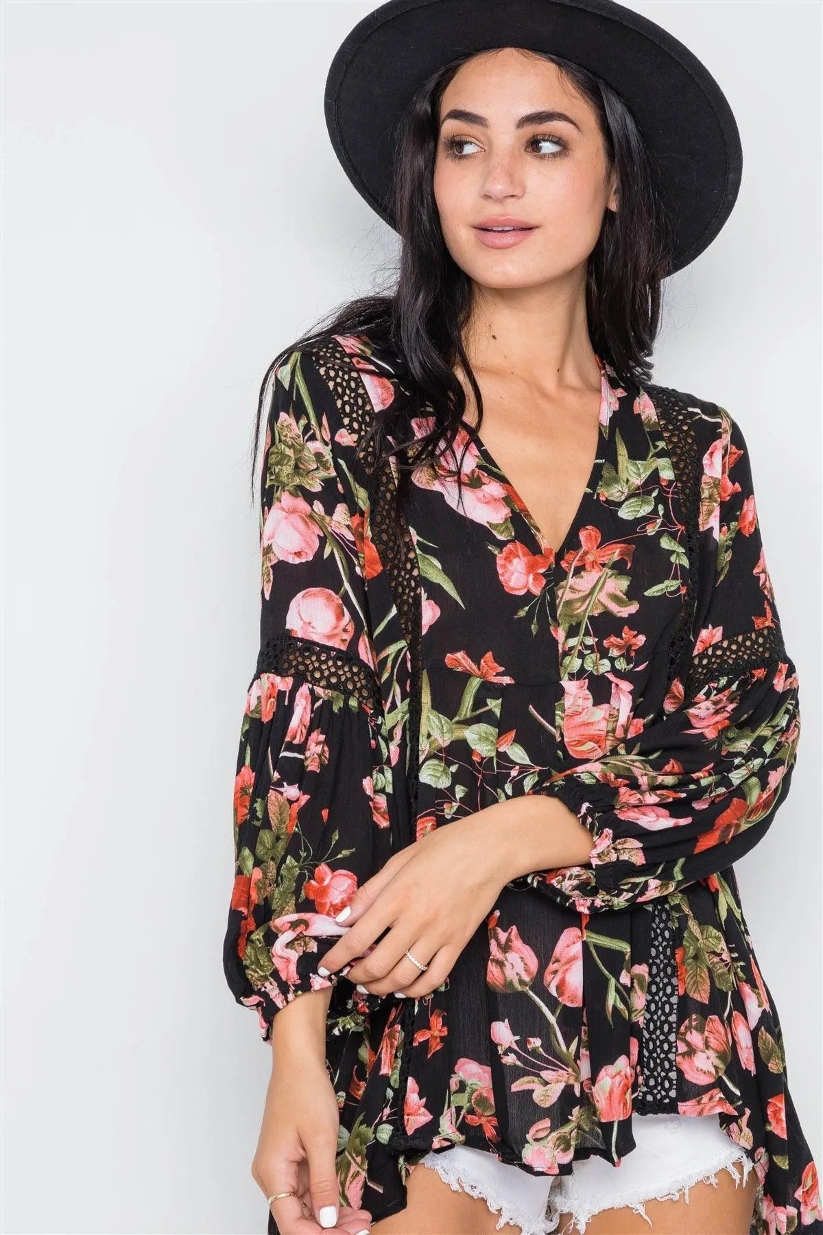 Black Floral V-Neck High Low Crochet Trim /3-2-1