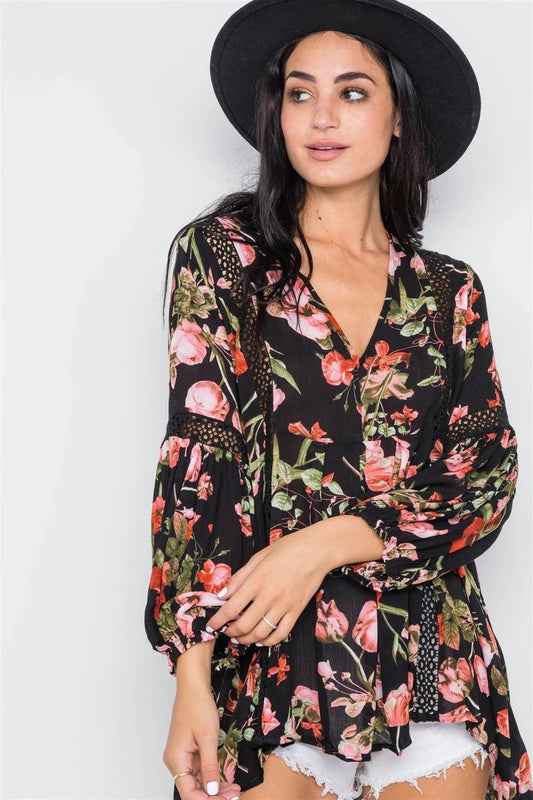 Black Floral V-Neck High Low Crochet Trim /3-2-1