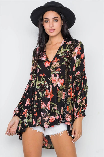 Black Floral V-Neck High Low Crochet Trim /1-3-2-1