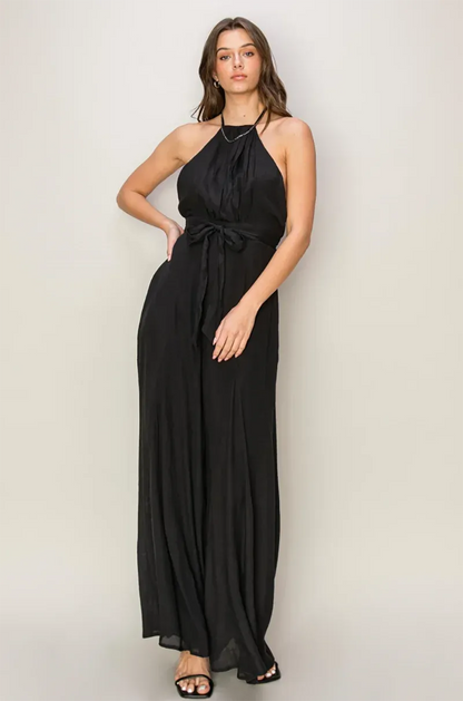 Backless Halter Neck Front Tie Wide Leg Jumpsuit