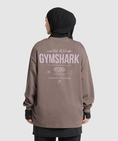 GS X Leana Deeb Graphic Oversized Long Sleeve Top - Dusty Brown