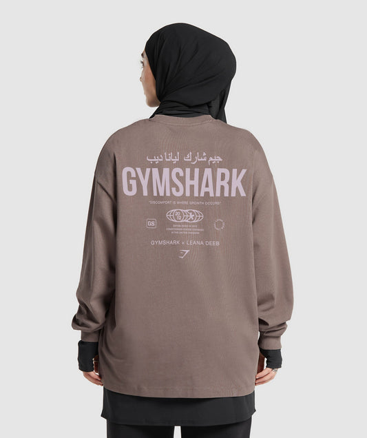 GS X Leana Deeb Graphic Oversized Long Sleeve Top - Dusty Brown