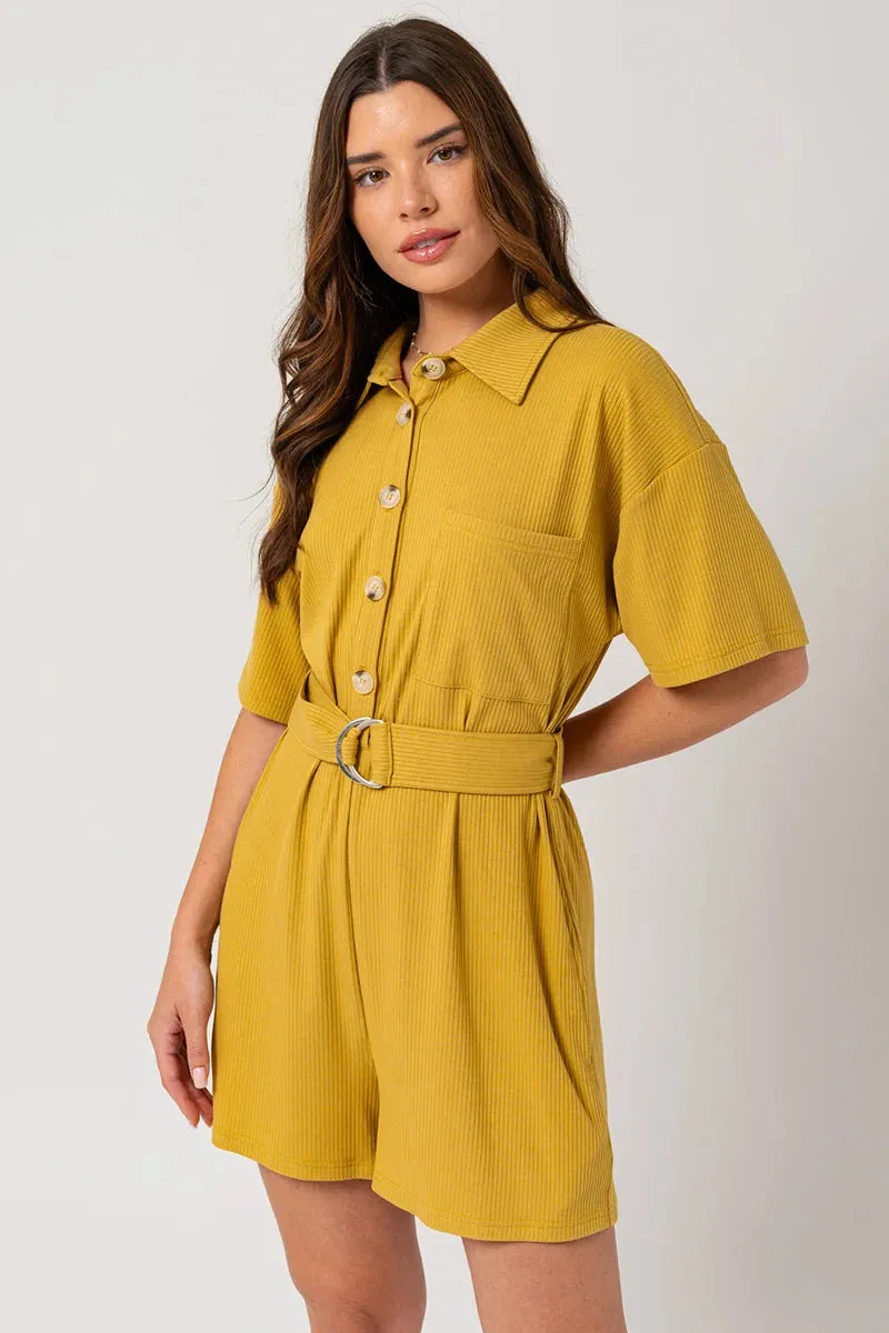 Belted Short Sleeve Button Up Ribbed Romper