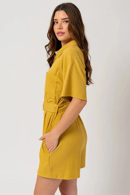 Belted Short Sleeve Button Up Ribbed Romper