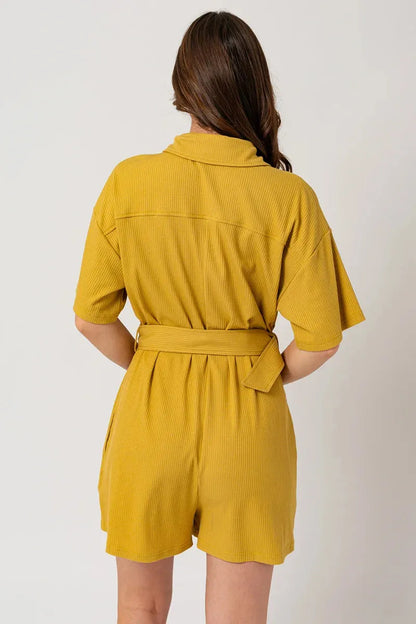 Belted Short Sleeve Button Up Ribbed Romper