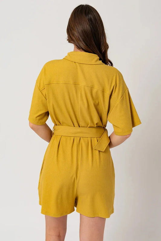 Belted Short Sleeve Button Up Ribbed Romper