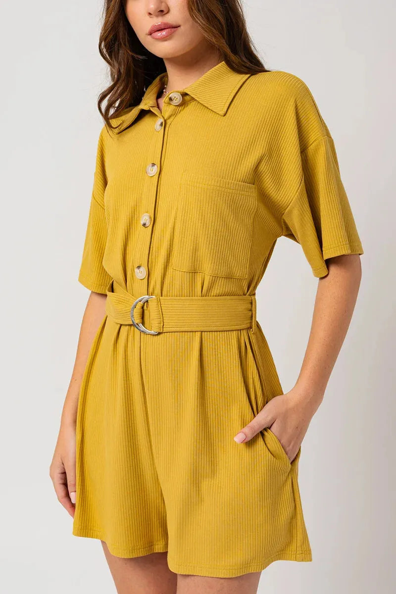Belted Short Sleeve Button Up Ribbed Romper