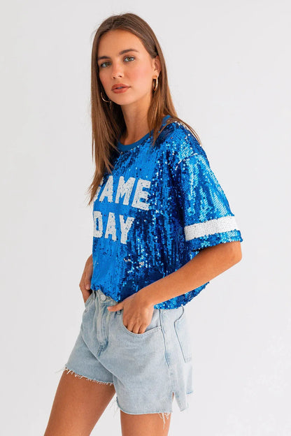 "Game Day" Sequins Cropped Short Sleeve Top