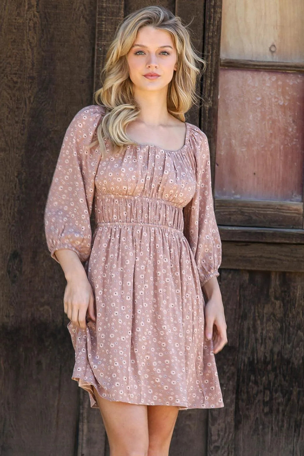 Apricot Floral Print Self-Tie Detail Balloon Sleeve Mini Dress