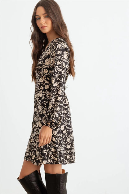 Black Flower Satin Long Sleeve Wrap Neck Mini Dress