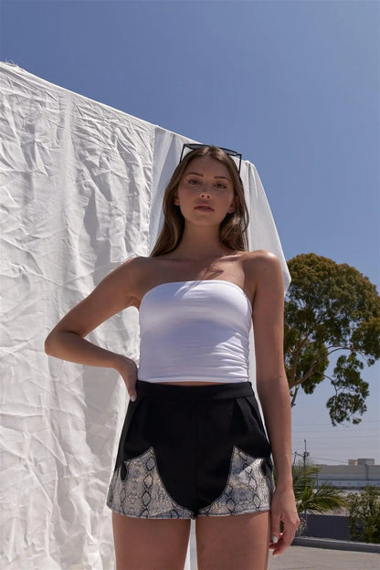 Black Asymmetrical Vegan Leather Python Trim Shorts