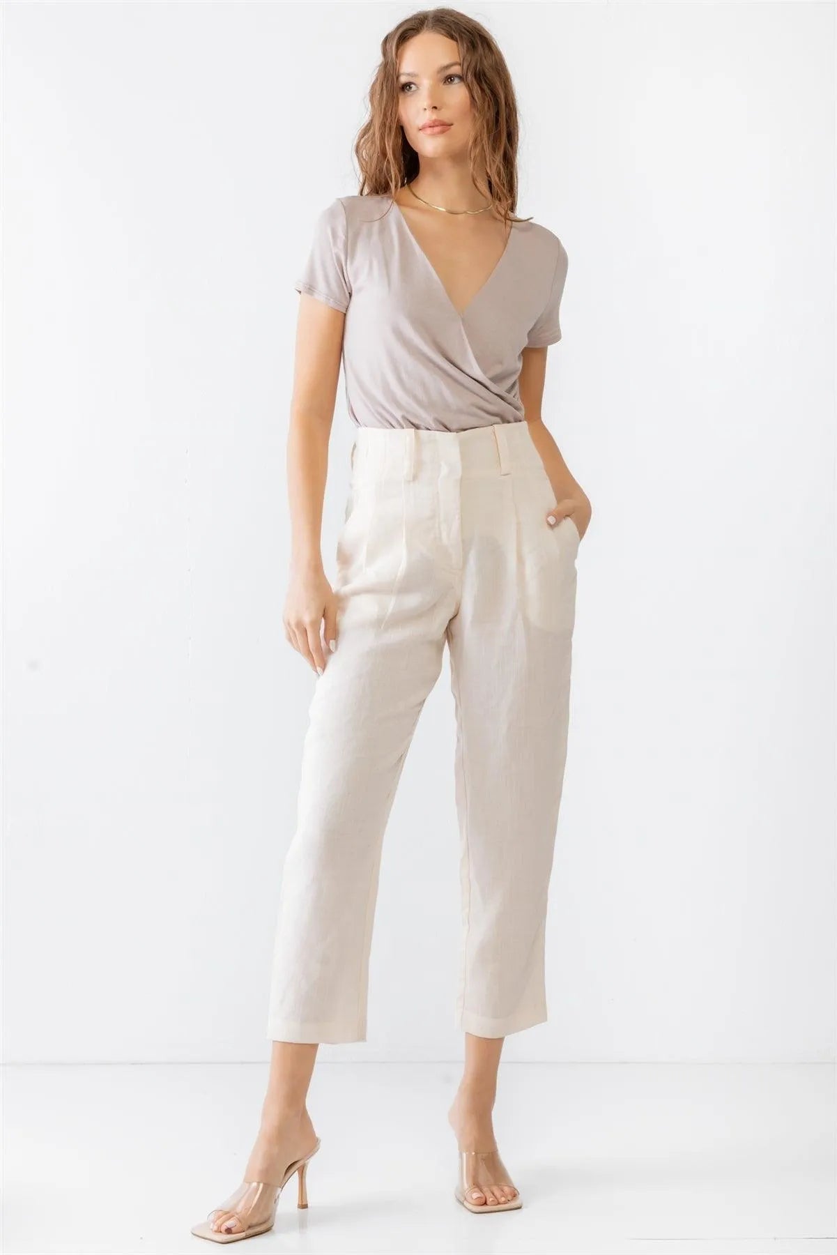 Beige Mauve Viscose Wrap Neck Short Sleeve Bodysuit /2-2-2